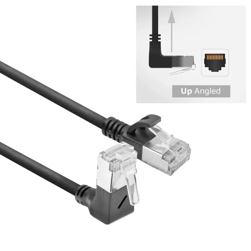 ACT Black 0.15 m U/FTP CAT6A LSZH plonas pataisos kabelis su RJ45 jungtimis 90° kampu žemyn iki 90° kampu žemyn