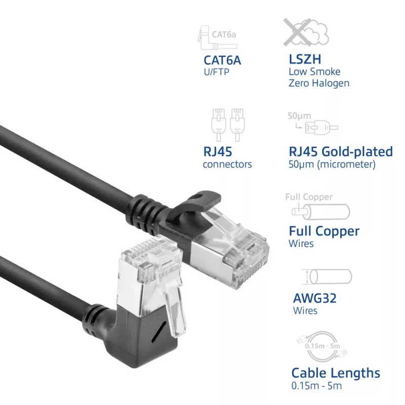 ACT Black 0.15 m U/FTP CAT6A LSZH plonas pataisos kabelis su RJ45 jungtimis 90° kampu žemyn iki 90° kampu žemyn