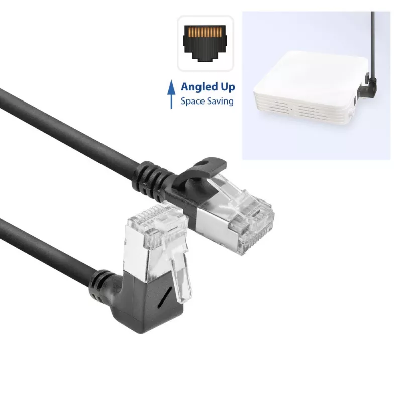 ACT Black 0.15 m U/FTP CAT6A LSZH plonas pataisos kabelis su RJ45 jungtimis 90° kampu žemyn iki 90° kampu žemyn