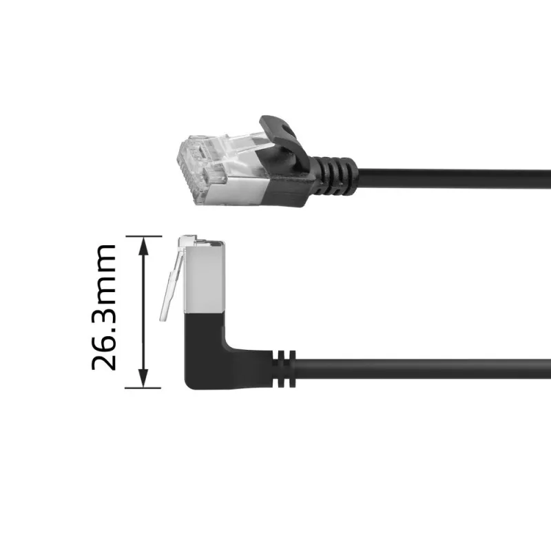 ACT Black 0.15 m U/FTP CAT6A LSZH plonas pataisos kabelis su RJ45 jungtimis 90° kampu žemyn iki 90° kampu žemyn