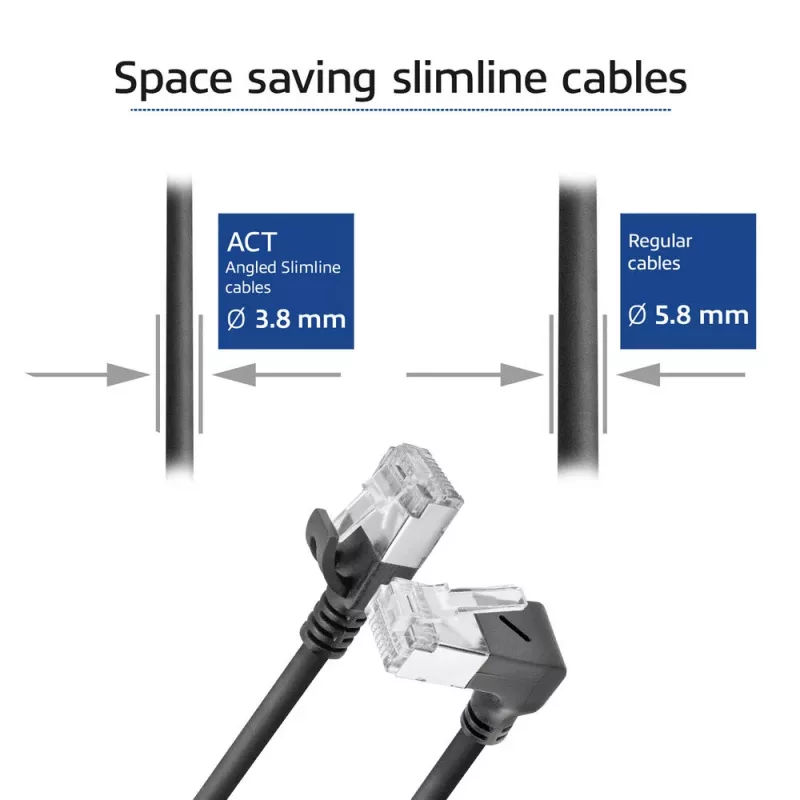 ACT Black 0.15 m U/FTP CAT6A LSZH plonas pataisos kabelis su RJ45 jungtimis 90° kampu žemyn iki 90° kampu žemyn
