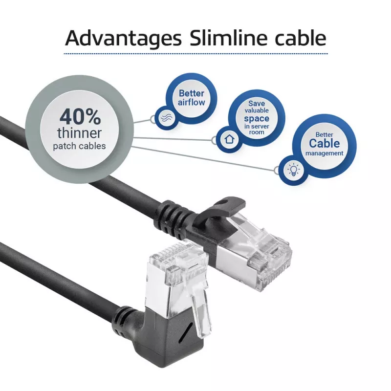 ACT Black 0.15 m U/FTP CAT6A LSZH plonas pataisos kabelis su RJ45 jungtimis 90° kampu žemyn iki 90° kampu žemyn