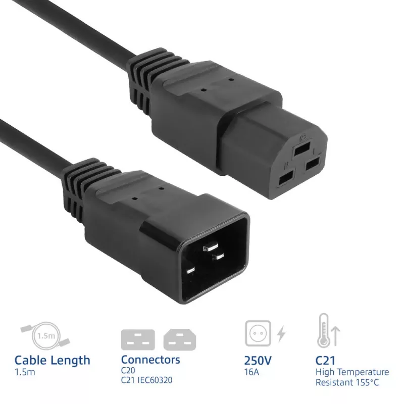 Maitinimo laidas ACT C20–C21 IEC60320 juodas 1,5 m, 16 A, 250 V
