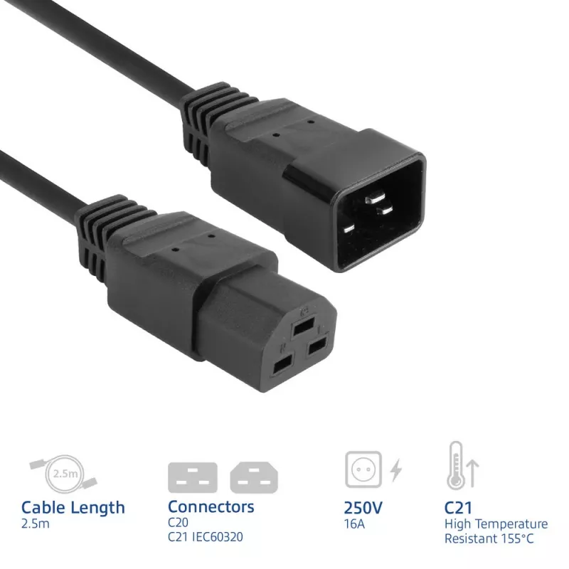 ACT maitinimo laidas C20–C21 IEC60320 juodas 2,5 m, 16 A, 250 V