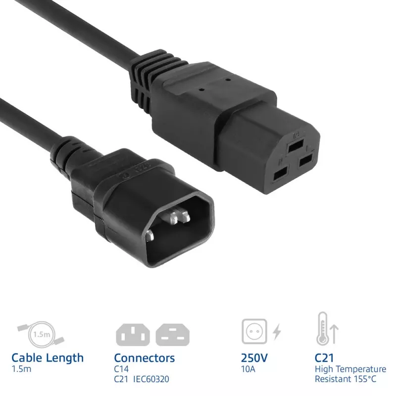 Maitinimo laidas ACT C14–C21 IEC60320 juodas 1,5 m, 250 V 10 A