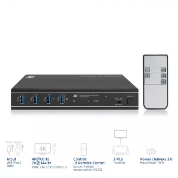 KVM jungiklis ACT 2 prievadų USB-C/HDMI 4K@60Hz AC7922 su USB klaviatūra/pelyte, HDMI vaizdu, 100W PD