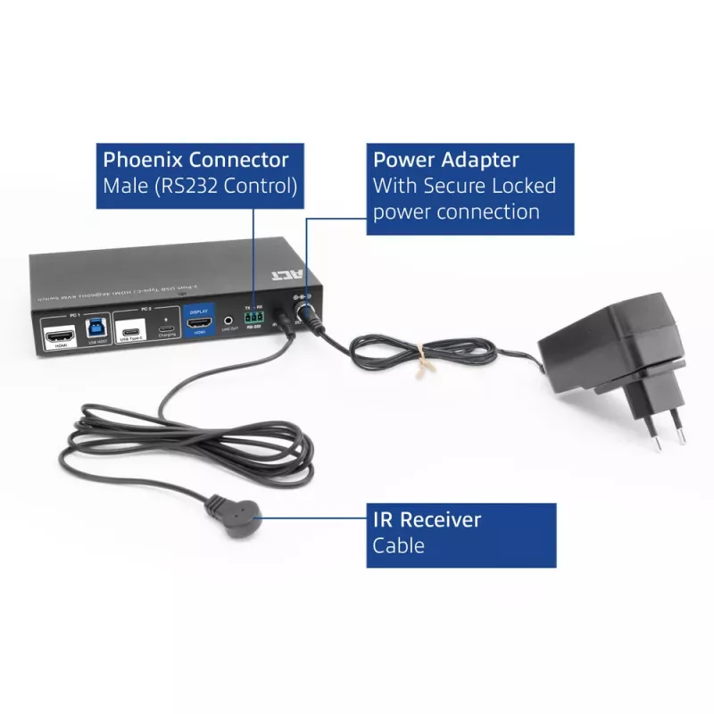 KVM jungiklis ACT 2 prievadų USB-C/HDMI 4K@60Hz AC7922 su USB klaviatūra/pelyte, HDMI vaizdu, 100W PD