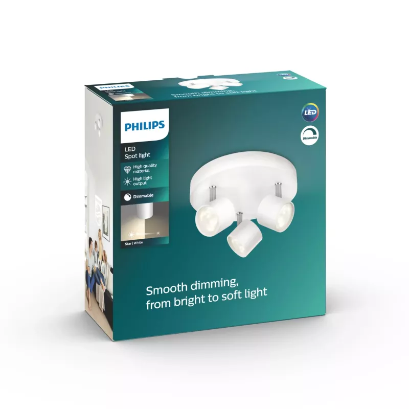 Philips Dimmable LED Star lubinis/sieninis prožektorius 3x 16,5 W, 2700 K, 1500 lm, IP20, baltas
