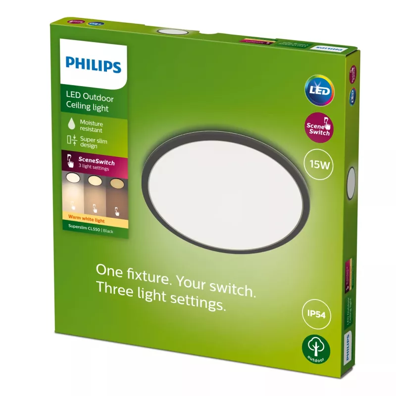 Philips Superslim lubinis šviestuvas 15W, juodas, metalas/plastikas, IP54, lauko terasai, sodui