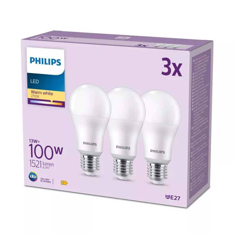 Philips LED lemputė 100W A65 E27 x3, 13 W, 100 W, E27, 1521 lm, 15000 h, Šilta balta