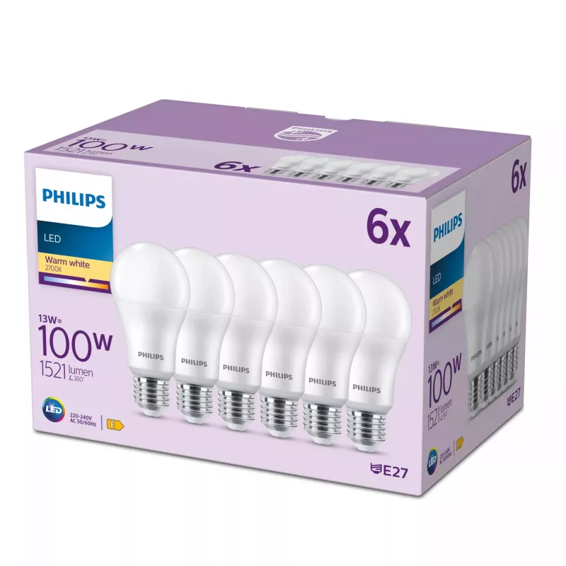 Philips LED lemputė A65 13W E27 x6, šilta balta šviesa