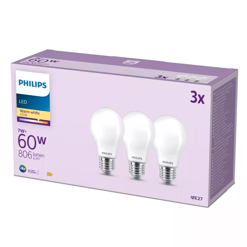 Philips LED lemputė matinė kaitrinė 60W A60 E27 x3, 7 W, 60 W, E27, 806 lm, 15000 h, Šilta balta