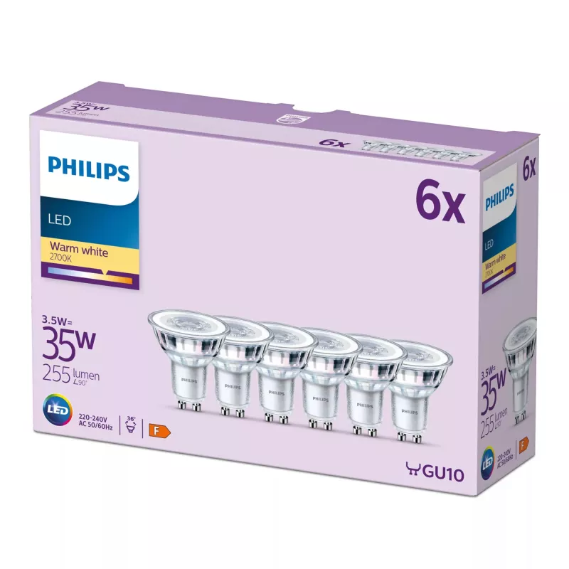 Philips Spot 35W PAR16 GU10 6 vnt., 3,5 W, 35 W, GU10, 255 lm, 15000 h, Šilta balta