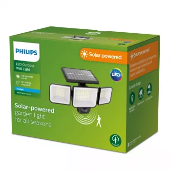 Saugos apšvietimas Philips Securit 8.7W LED saulės 5000K, 4V baterija, juodas plastikinis korpusas