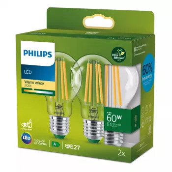 Philips Filament Lemputė Skaidri 60W A60 E27 x2, 4 W, 60 W, E27, 840 lm, 50000 h, Šilta balta
