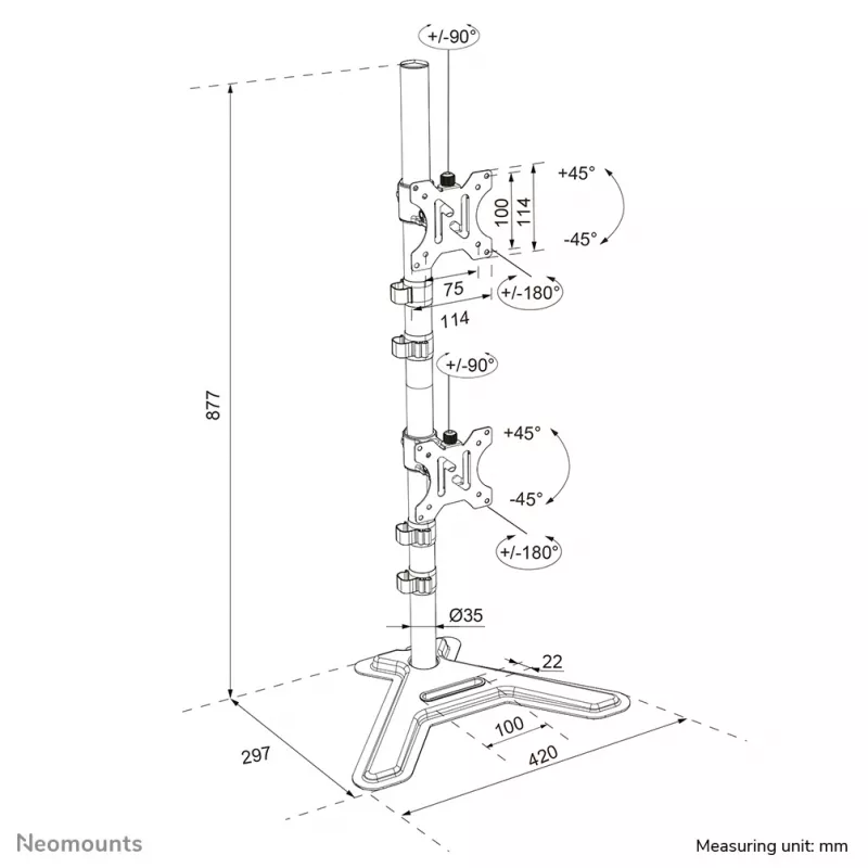 Neomounts dviejų monitorių stovas DS45-600BL2V 2 ekranams 10–32 colių, VESA 75x75–100x100, maks. apkrova 9 kg, laisvai pastatomas, juodas