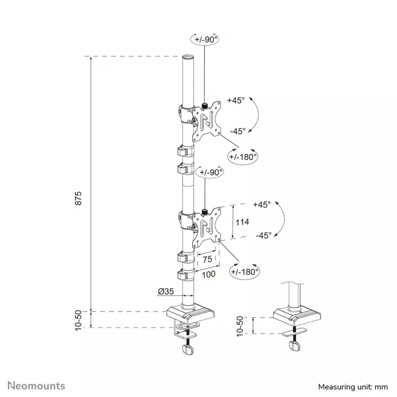 Neomounts DS60-600BL2V Dviguba monitoriaus rankena 10-32 colių, Spaustuvas/Anga, 9 kg, 25,4 cm (10 col.), 81,3 cm (32 col.), 100 x 100 mm, Juoda