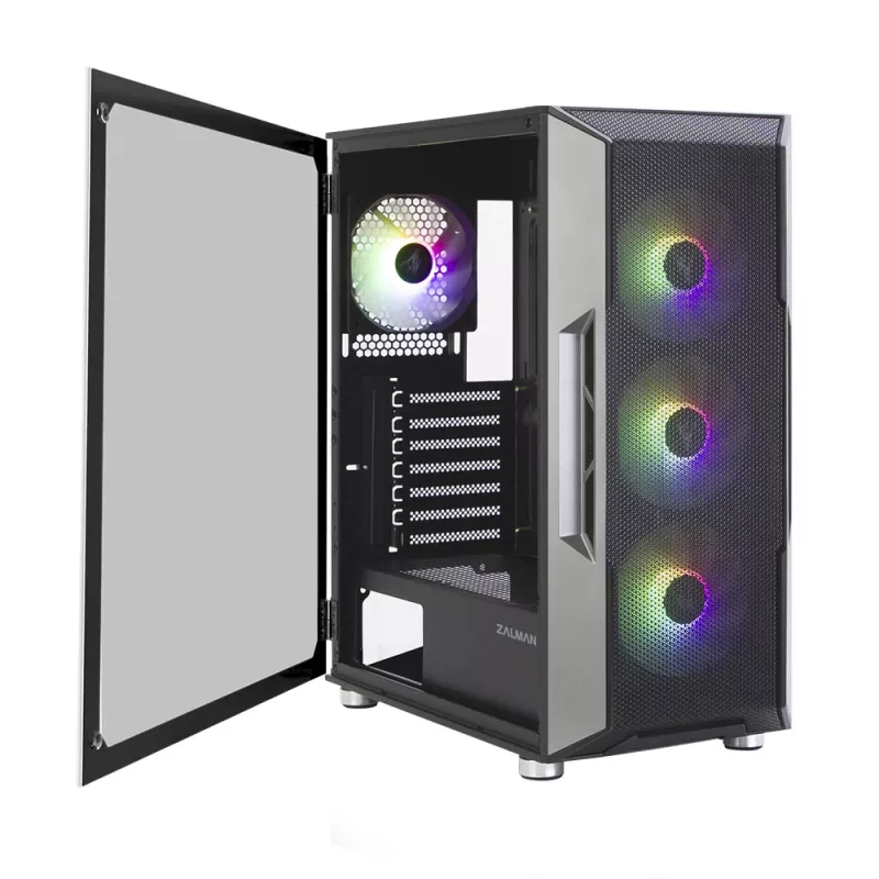 Zalman I3 Neo ATX vidurinis bokštas kompiuterio korpusas su tinkliniu priekiu ir 3 iš anksto sumontuotais ventiliatoriais, juodas