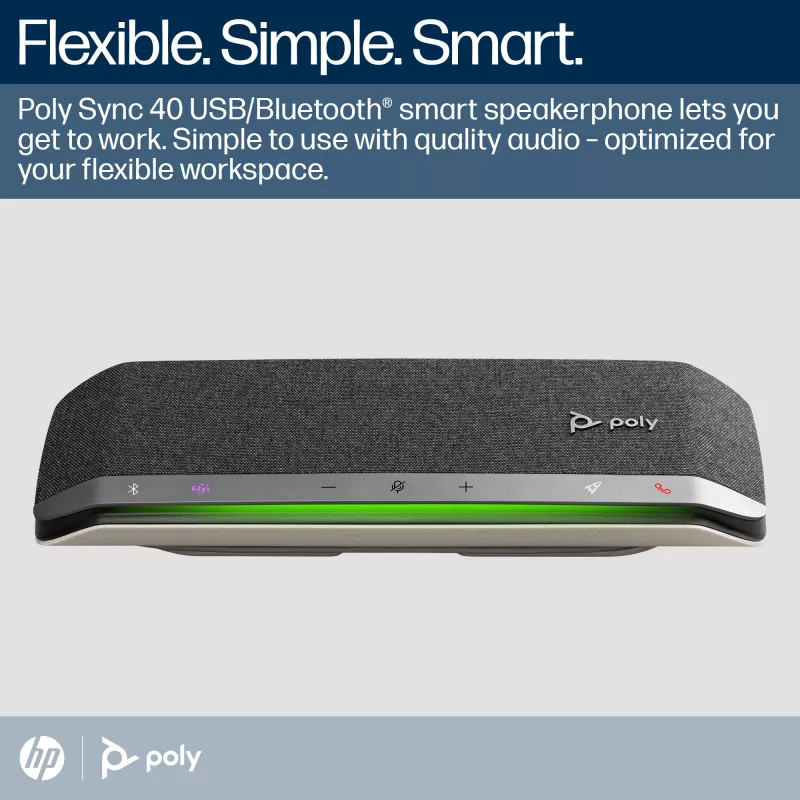 HP Poly Sync 40+ Microsoft Teams sertifikuotas garsiakalbis su USB-A, USB-C ir BT700 USB-A adapteriu