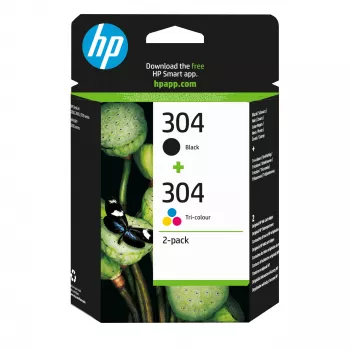 HP 304 2 vnt. Originalios rašalo kasetės juoda/trispalvė, juoda, žydra, rausvai raudona, geltona, pigmentinis rašalas, 2 vnt., 120 puslapių, 100 puslapių