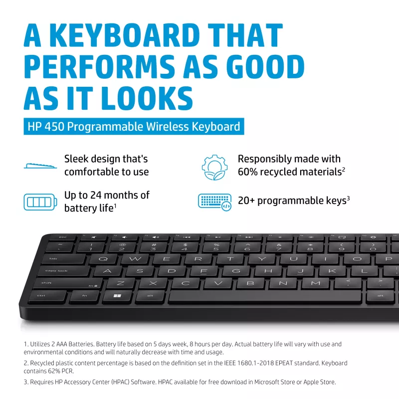 HP 450 belaidė programuojama klaviatūra, pilno dydžio, RF belaidė, USB, juoda
