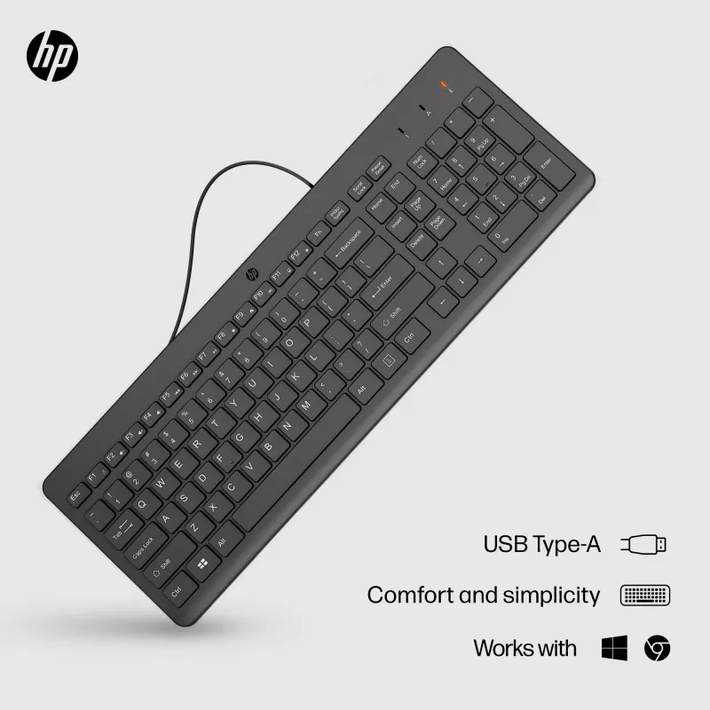 HP 150 laidinė klaviatūra, pilno dydžio, USB, juoda, 1 m laidas