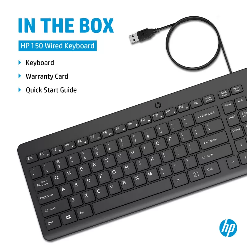 HP 150 laidinė klaviatūra, pilno dydžio, USB, juoda, 1 m laidas