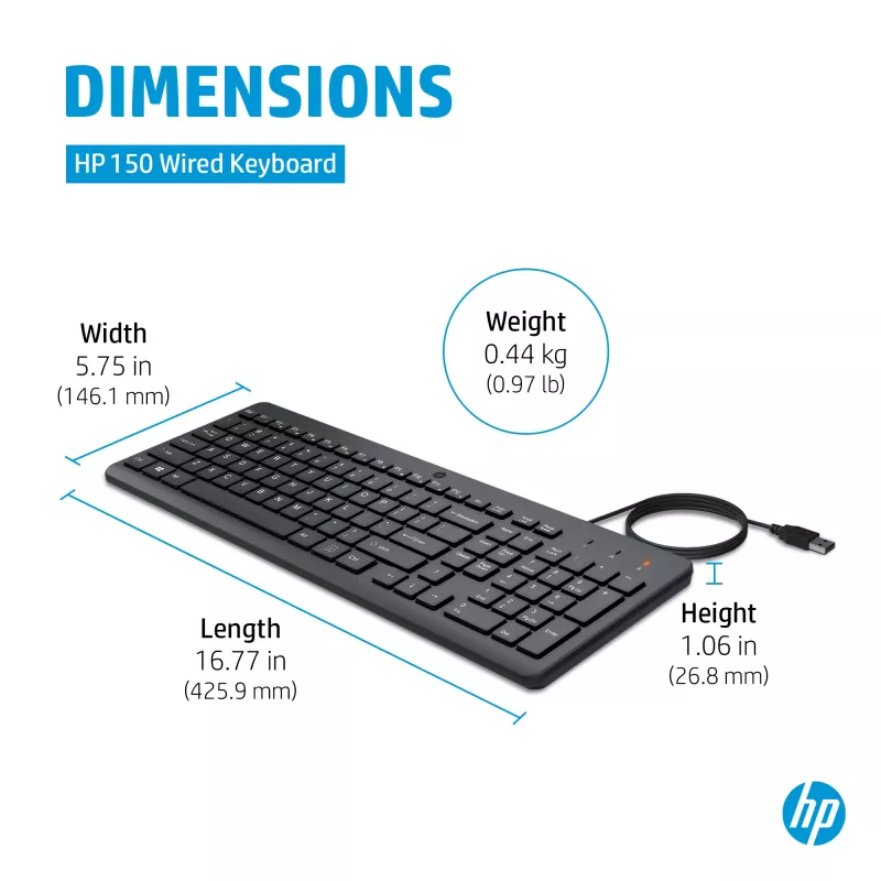 HP 150 laidinė klaviatūra, pilno dydžio, USB, juoda, 1 m laidas