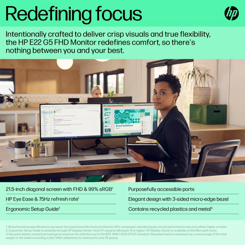 HP E-Series E22 G5 FHD monitoras, 54,6 cm (21,5 colio), Full HD, LCD, 5 ms (atnaujinta prekė)