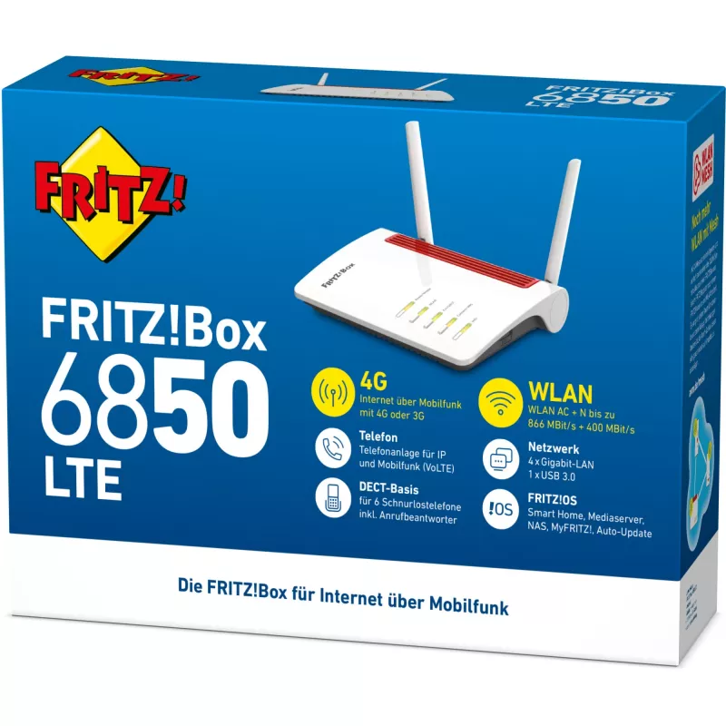 FRITZ!Box 6850 LTE belaidis maršrutizatorius, Gigabit Ethernet, dvispalvis (2,4 GHz / 5 GHz), 4G, baltas