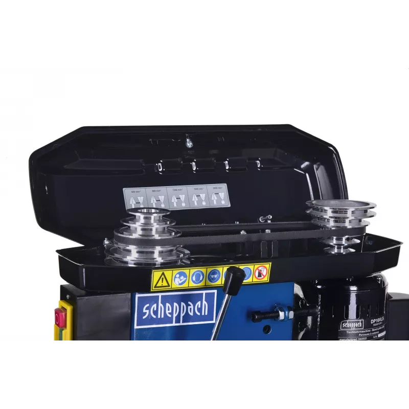 Stalinis gręžimo stovas Scheppach DP16VLS 500 W, plieninis korpusas, 230–240 V, 2500 aps./min., 13 mm griebtuvas, 600×220×435 mm
