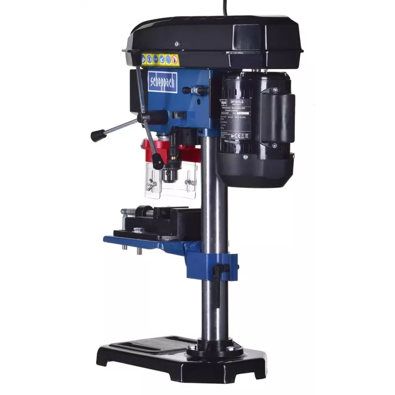 Stalinis gręžimo stovas Scheppach DP16VLS 500 W, plieninis korpusas, 230–240 V, 2500 aps./min., 13 mm griebtuvas, 600×220×435 mm