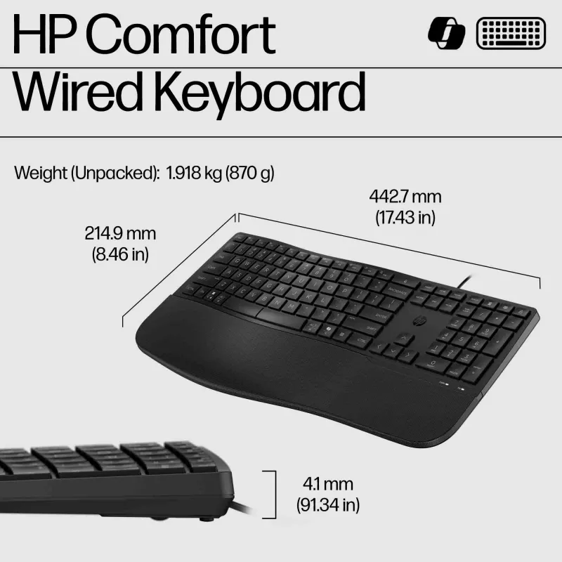 HP 480 Comfort Wired klaviatūra, pilno dydžio, USB, juoda, 1,5 m