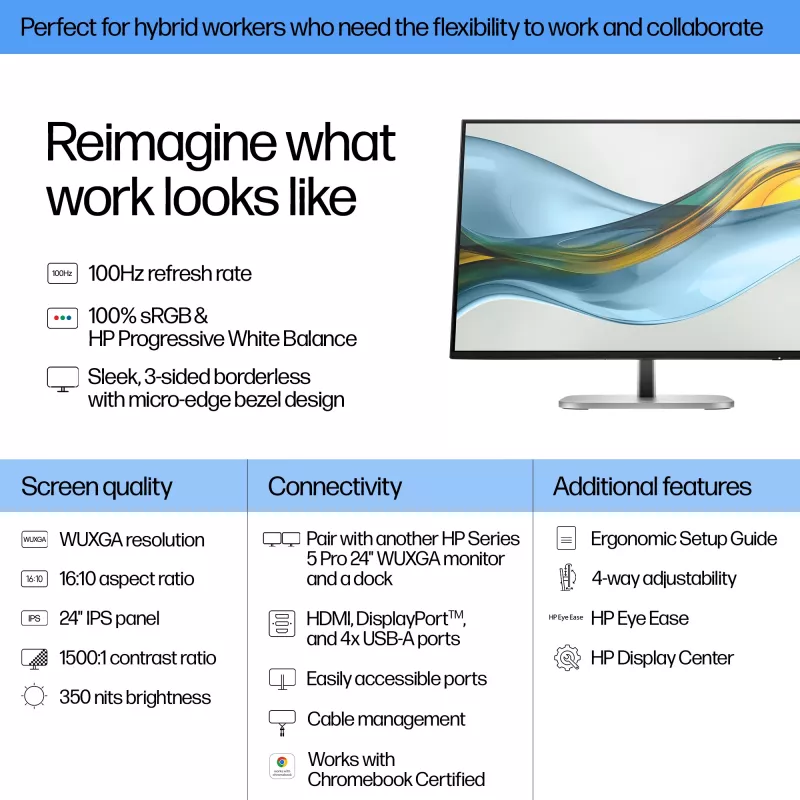 Monitorius HP Series 5 Pro 24 colių WUXGA - 524pn, 61 cm (24 colių), WUXGA, LCD, 5 ms, Juodas (atnaujinta prekė)