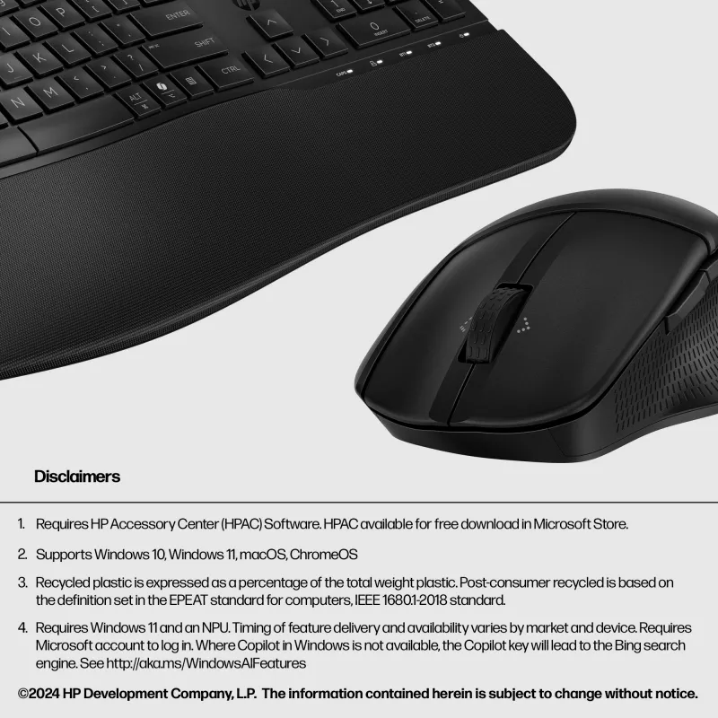 Belaidės klaviatūros ir pelės rinkinys HP 685 Comfort – pilno dydžio lenkta klaviatūra, RF Wireless + Bluetooth, juodas, su pele