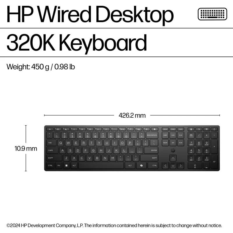 HP Wired Desktop 320K klaviatūra, laidinė, pilno dydžio USB, membraninė, juoda