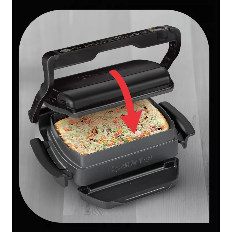 Kontaktinė grilio keptuvė Tefal GC7148 – 2000 W, nerūdijančio plieno korpusas, stačiakampė, reguliuojamas termostatas, grotelės viršuje, 365×365×175 mm