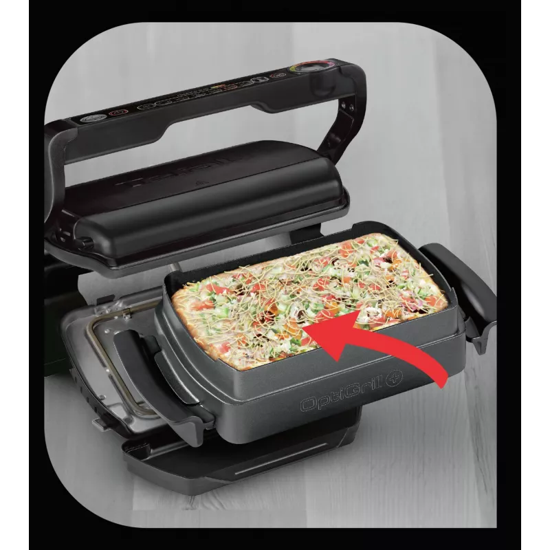 Kontaktinė grilio keptuvė Tefal GC7148 – 2000 W, nerūdijančio plieno korpusas, stačiakampė, reguliuojamas termostatas, grotelės viršuje, 365×365×175 mm