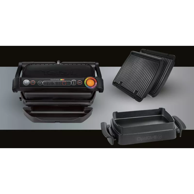 Kontaktinė grilio keptuvė Tefal GC7148 – 2000 W, nerūdijančio plieno korpusas, stačiakampė, reguliuojamas termostatas, grotelės viršuje, 365×365×175 mm