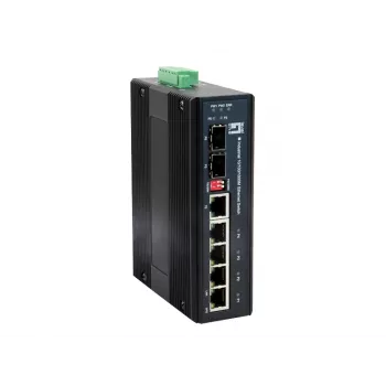 LevelOne IES-0600 Pramoninis 6 prievadų Gigabit jungiklis su 1 x SFP ir 1 x SFP/RJ45 Combo, -40°C iki 75°C, DIN bėgelis