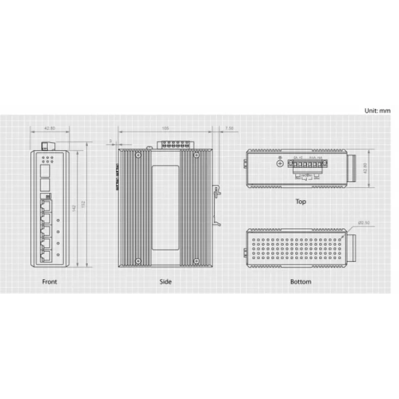 LevelOne IES-0600 Pramoninis 6 prievadų Gigabit jungiklis su 1 x SFP ir 1 x SFP/RJ45 Combo, -40°C iki 75°C, DIN bėgelis