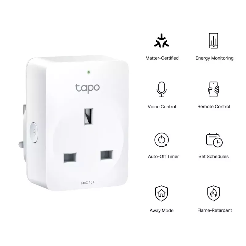Išmanusis kištukas TP‑Link Tapo Mini P110M – Wi‑Fi/Bluetooth vidinis kištukas, 16 A, 100–240 V, 3680 W, baltas
