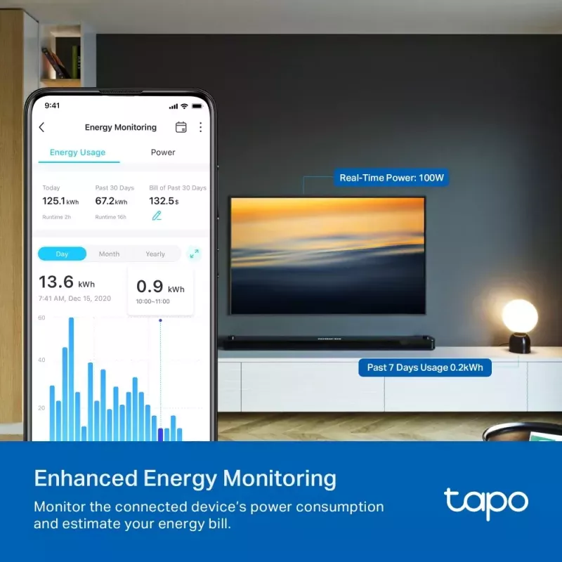 Išmanusis kištukas TP‑Link Tapo Mini P110M – Wi‑Fi/Bluetooth vidinis kištukas, 16 A, 100–240 V, 3680 W, baltas