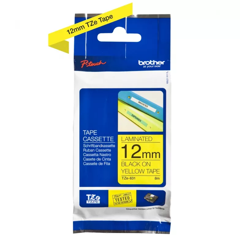 Juosta etikečių Brother TZe-631 (TZe) 12 mm x 8 m, juoda ant geltonos