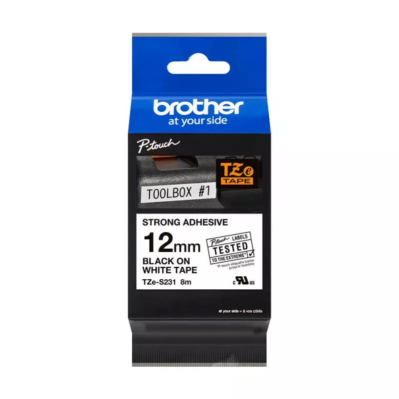 Lipni juosta Brother TZeS231 juoda ant baltos 1,2 cm 8 m