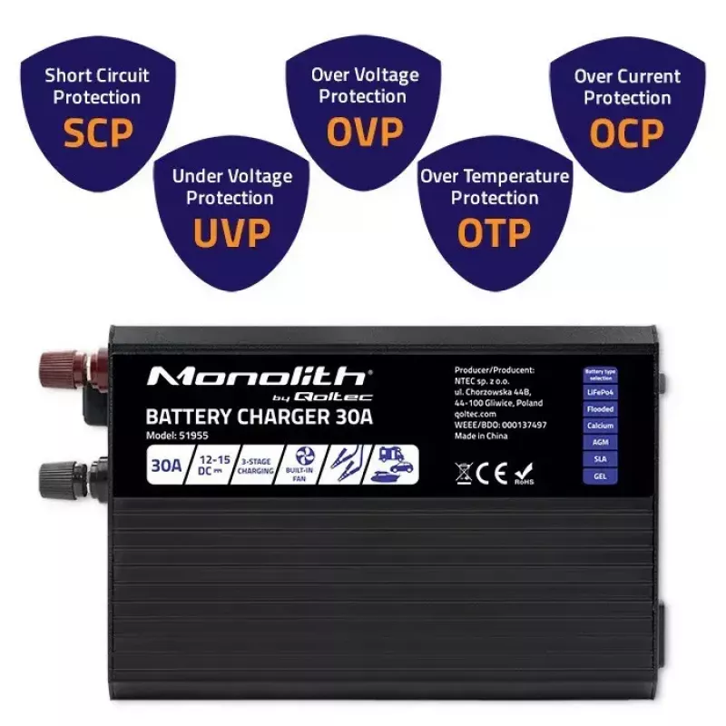 Baterijų įkroviklis QOLTEC 51955 — 30A 12V LiFePO4, AGM, GEL, SLA