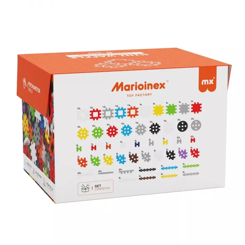Marioinex Mini Waffle Konstruktor 500 – 500 vnt. statybinių blokelių, skalbiami mašinoje, įvairiaspalviai