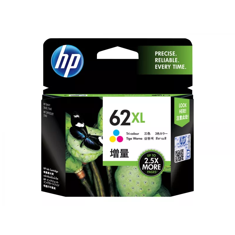 Originali HP 62XL didelės talpos spalvota (žydra, rausvai violetinė, geltona) kasetė, skirta ENVY 55XX, 56XX, 76XX