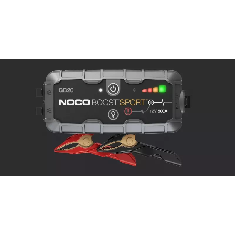 Užvedimo starteris NOCO GB20 500A ličio jonų, 24Wh, IP65, 1x USB 5V/2,1A, įmontuotas žibintuvėlis, benzininiams varikliams iki 4L