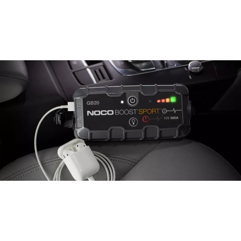 Užvedimo starteris NOCO GB20 500A ličio jonų, 24Wh, IP65, 1x USB 5V/2,1A, įmontuotas žibintuvėlis, benzininiams varikliams iki 4L